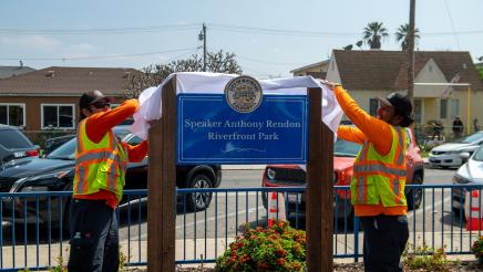 New "Speaker Anthony Rendon Riverfront Park" sign being unveiled