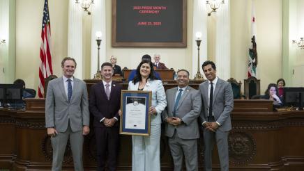 Asm. Solache, Speaker Rivas and others honoring Caroline Dessert on the Assembly Floor